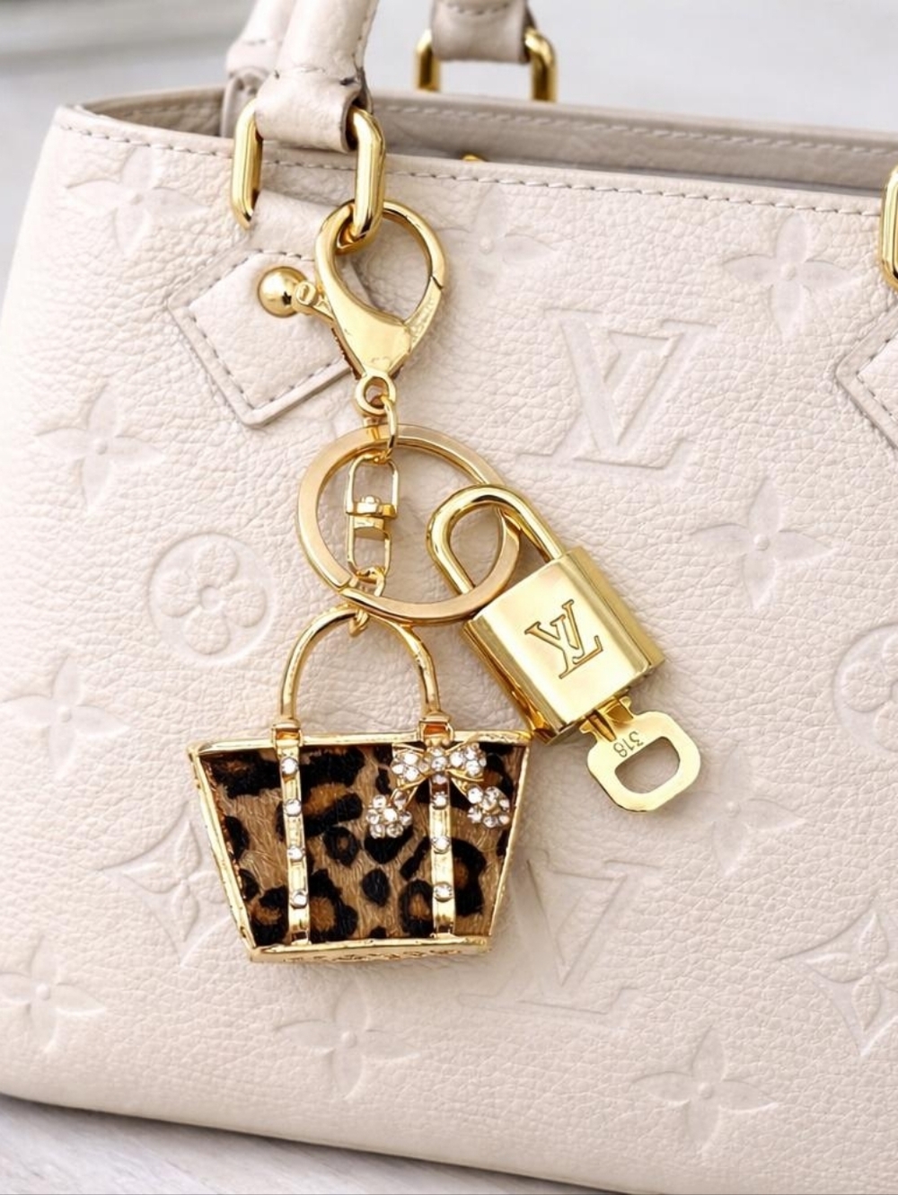 Authentic Louis Vuitton Padlock & Key Gold ✨Unbranded Leopard Bag Charm Keychain